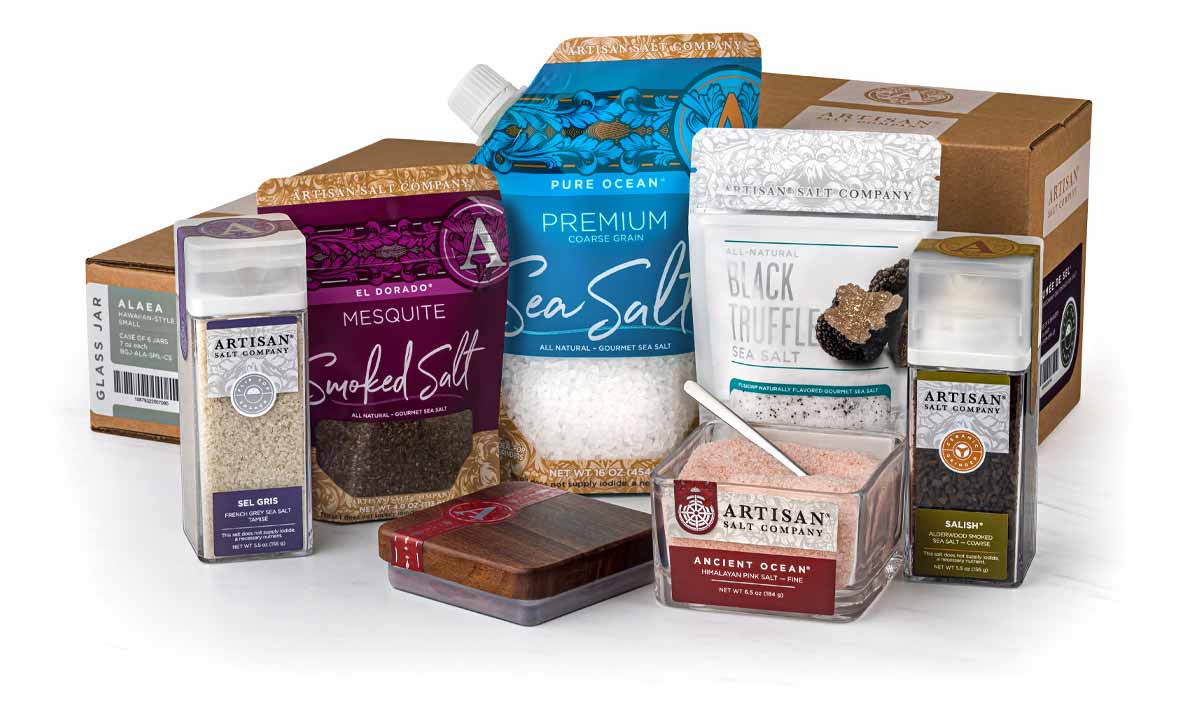 Artisan Salt CompanyÂ® retail packaged products and cases
